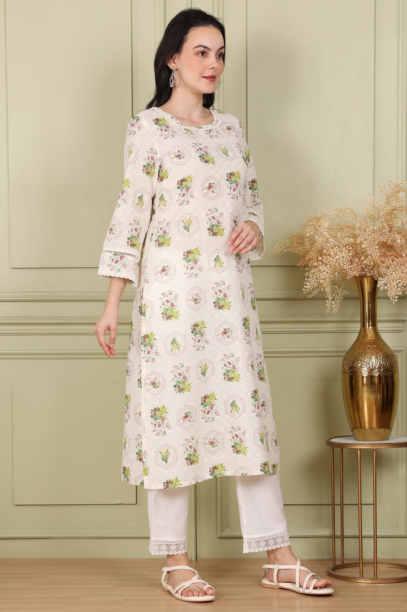 W for Woman White Floral Printed Schiffli Pure Cotton Straight Kurta