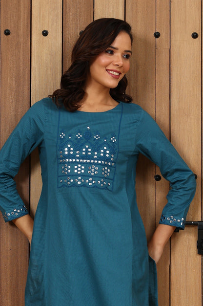 W for Woman Teal Blue Mirror Work Pure Cotton Straight Kurta