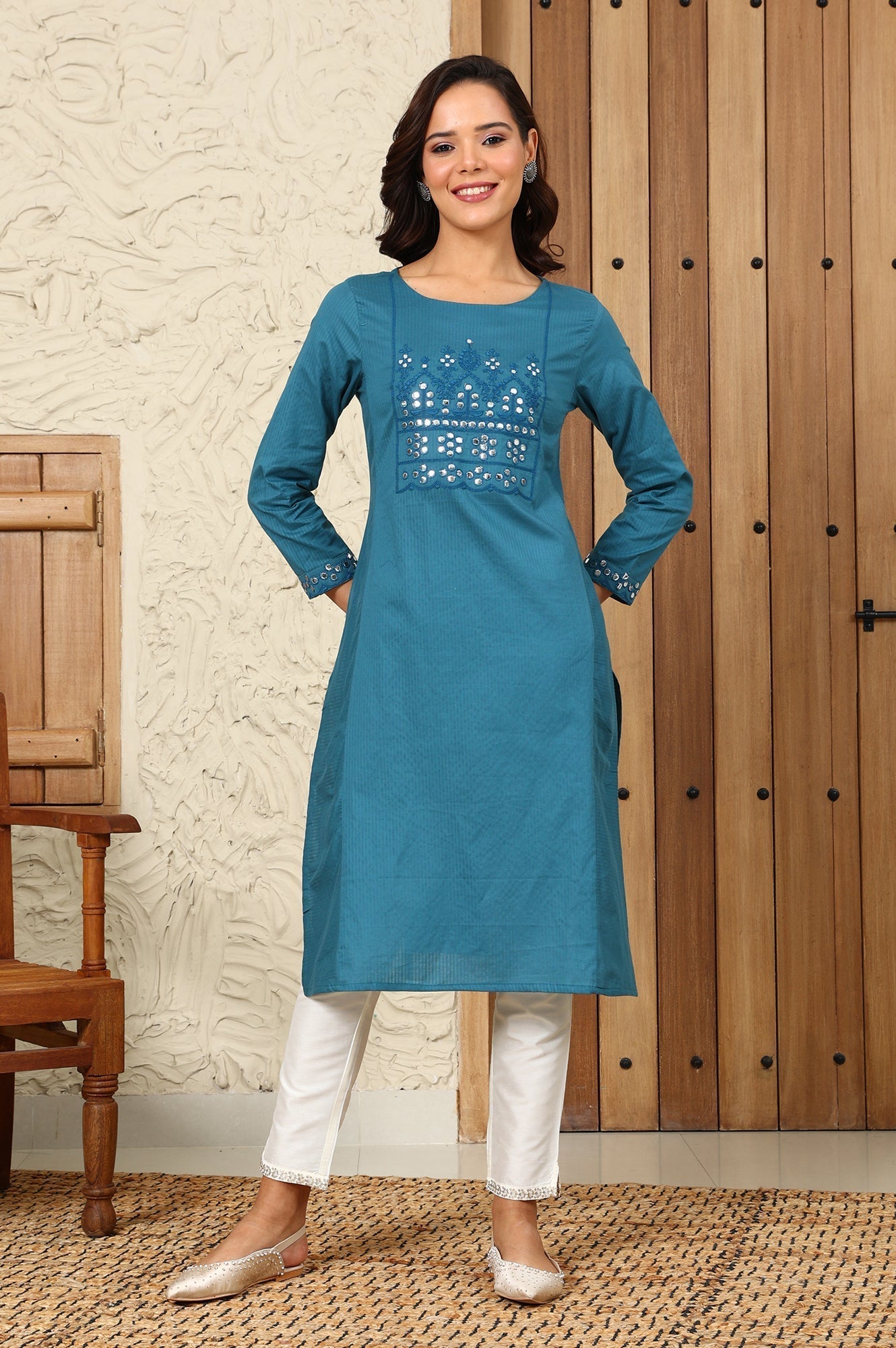 W for Woman Teal Blue Mirror Work Pure Cotton Straight Kurta