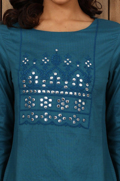 W for Woman Teal Blue Mirror Work Pure Cotton Straight Kurta