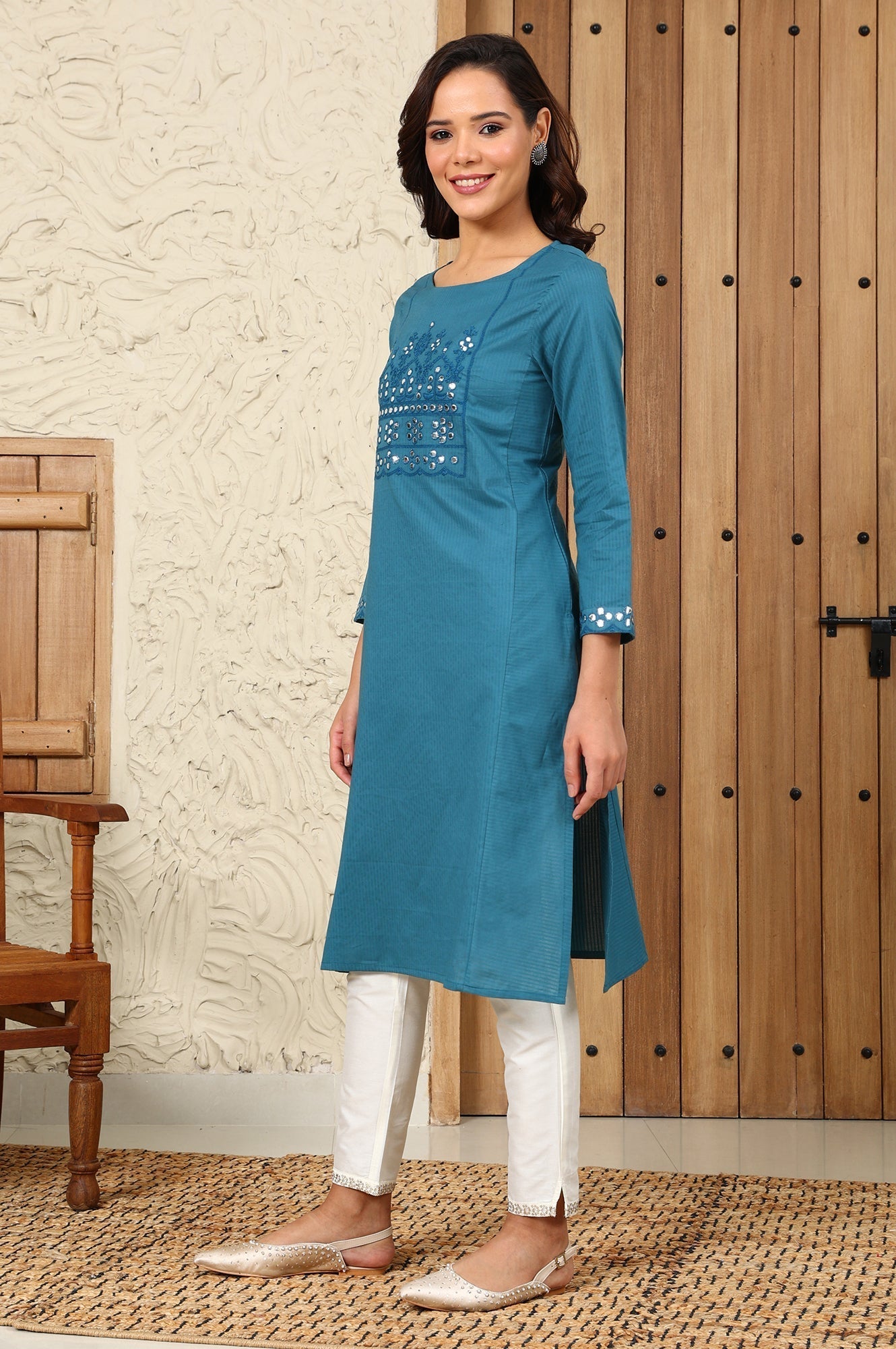 W for Woman Teal Blue Mirror Work Pure Cotton Straight Kurta