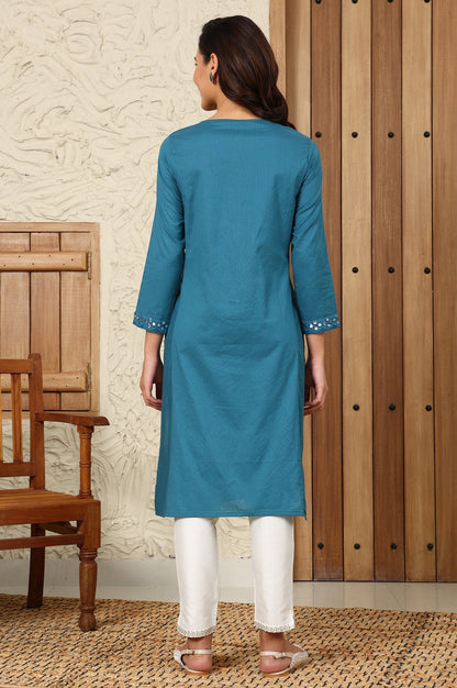 W for Woman Teal Blue Mirror Work Pure Cotton Straight Kurta