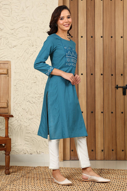 W for Woman Teal Blue Mirror Work Pure Cotton Straight Kurta