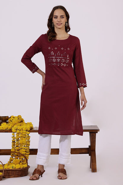 W for Woman Maroon Solid Mirror Work Pure Cotton Straight Kurta