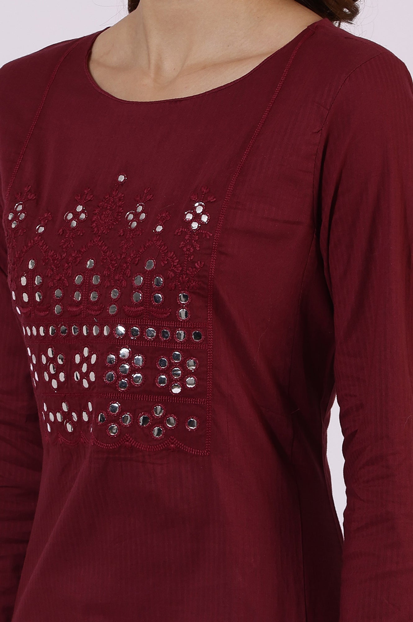W for Woman Maroon Solid Mirror Work Pure Cotton Straight Kurta