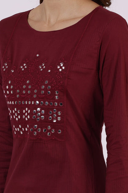 W for Woman Maroon Solid Mirror Work Pure Cotton Straight Kurta