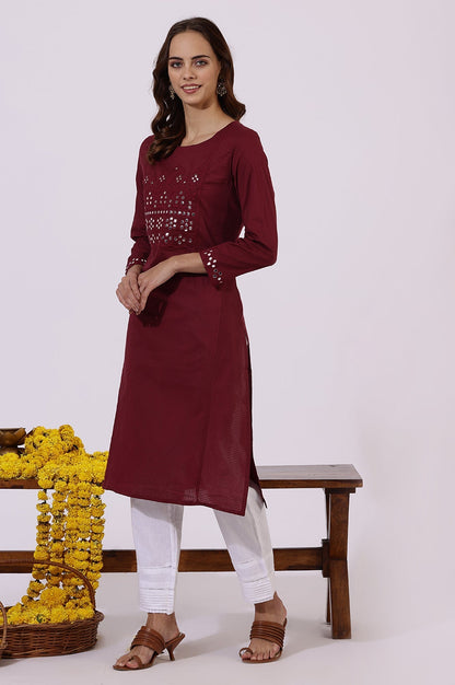 W for Woman Maroon Solid Mirror Work Pure Cotton Straight Kurta