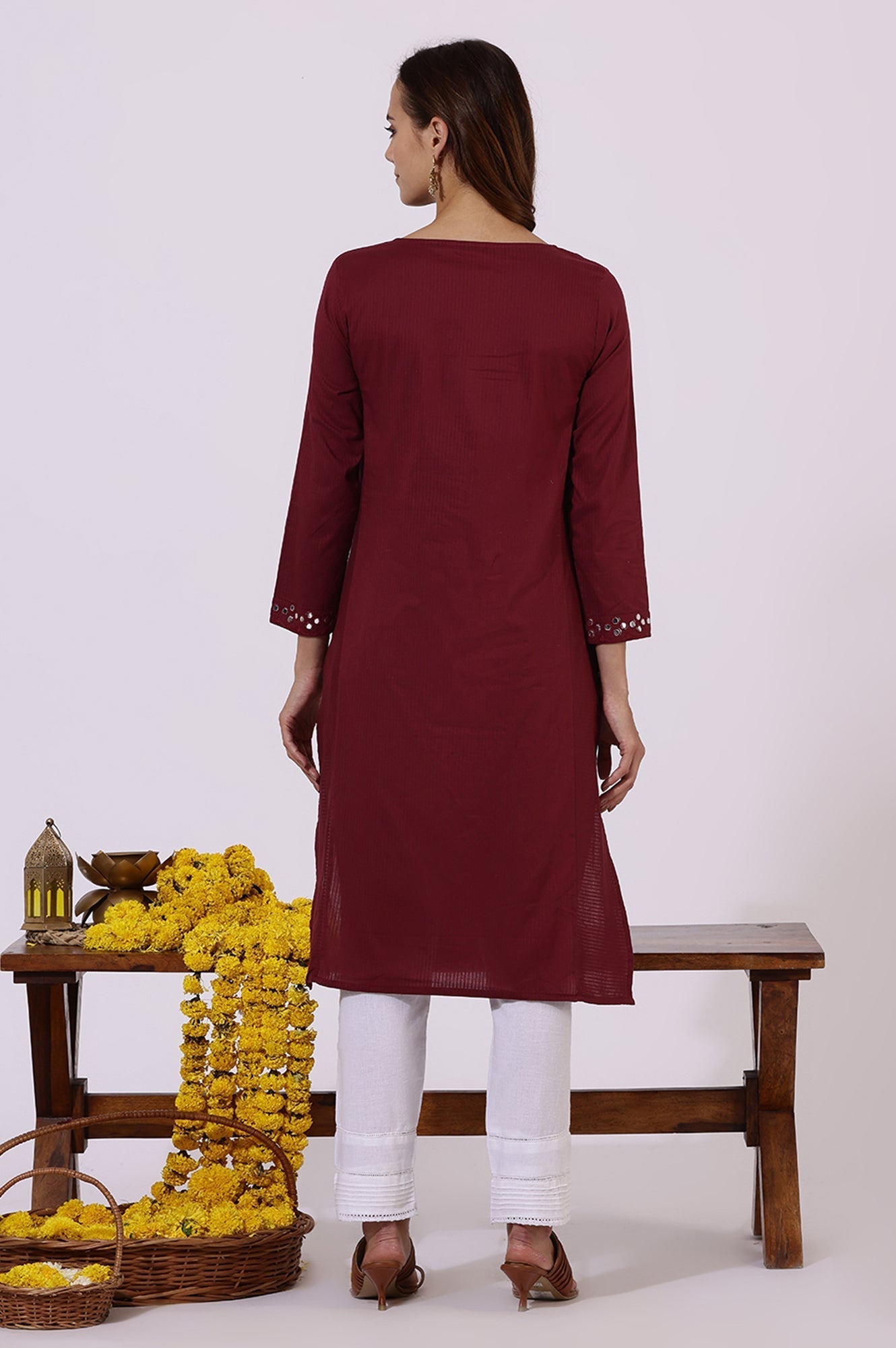W for Woman Maroon Solid Mirror Work Pure Cotton Straight Kurta