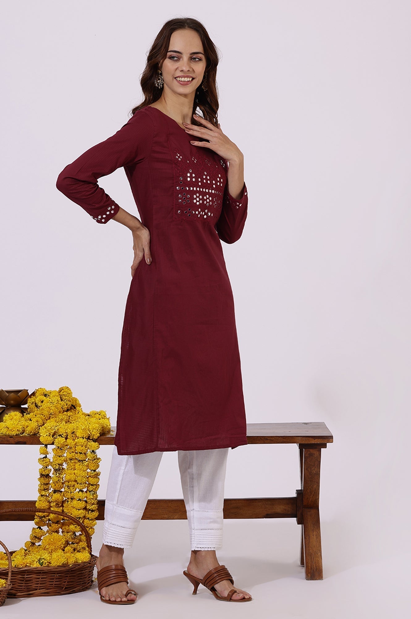 W for Woman Maroon Solid Mirror Work Pure Cotton Straight Kurta