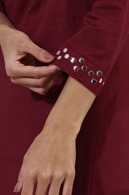 W for Woman Maroon Solid Mirror Work Pure Cotton Straight Kurta