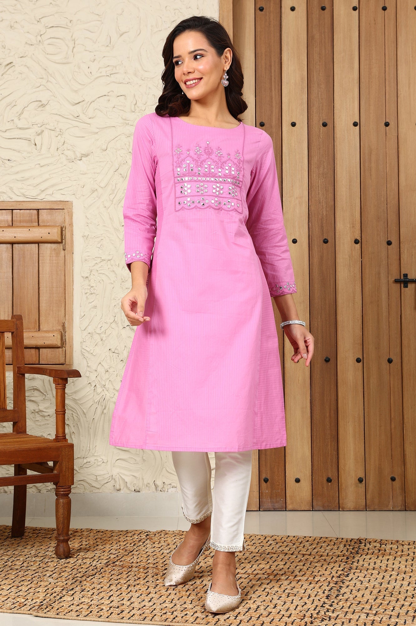 W for Woman Pink Mirror Work Pure Cotton Straight Kurta