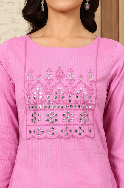 W for Woman Pink Mirror Work Pure Cotton Straight Kurta