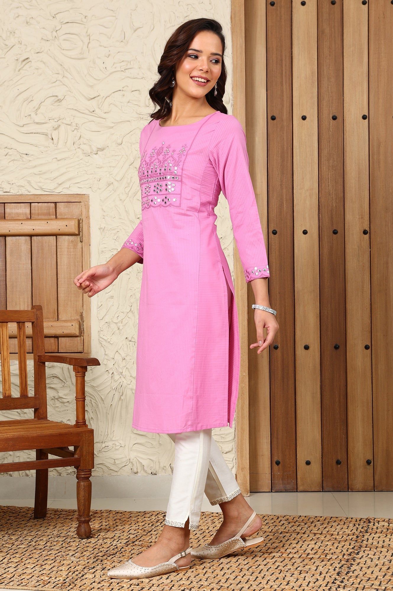 W for Woman Pink Mirror Work Pure Cotton Straight Kurta