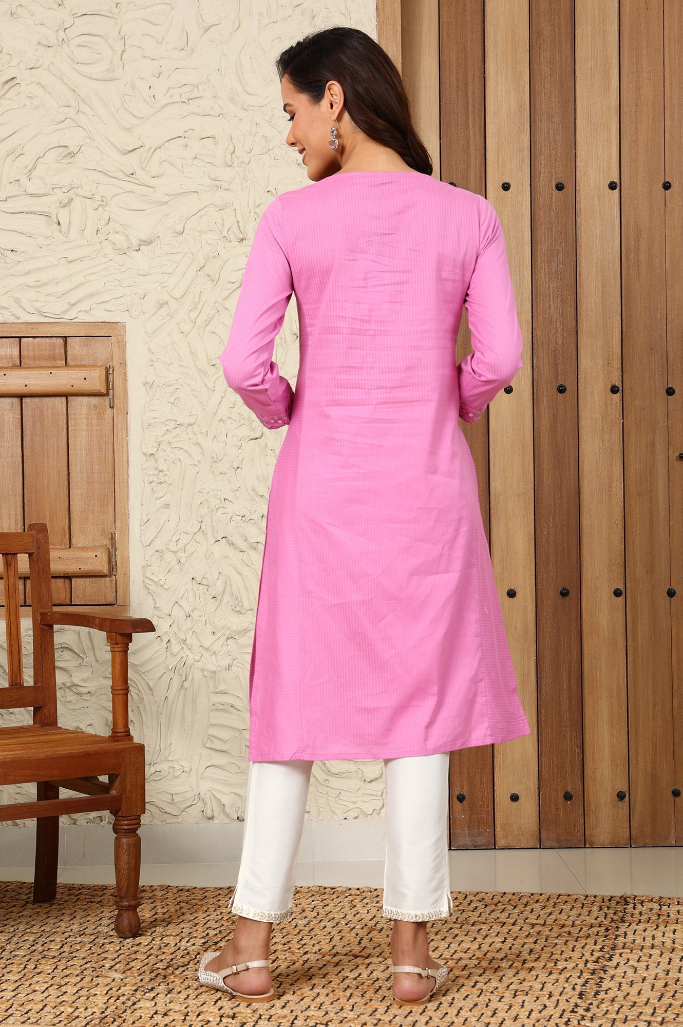 W for Woman Pink Mirror Work Pure Cotton Straight Kurta