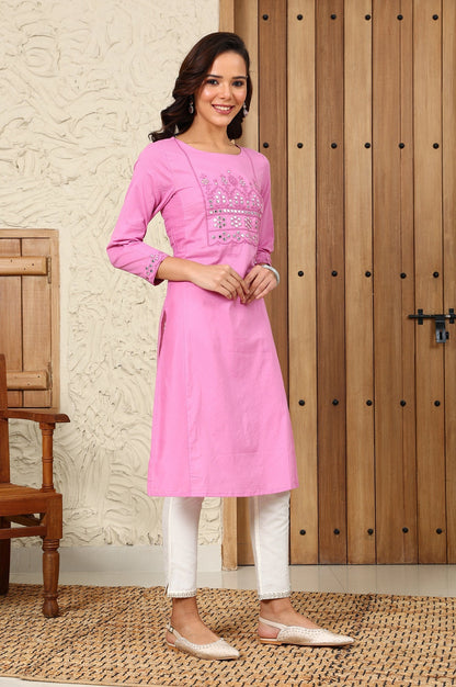 W for Woman Pink Mirror Work Pure Cotton Straight Kurta
