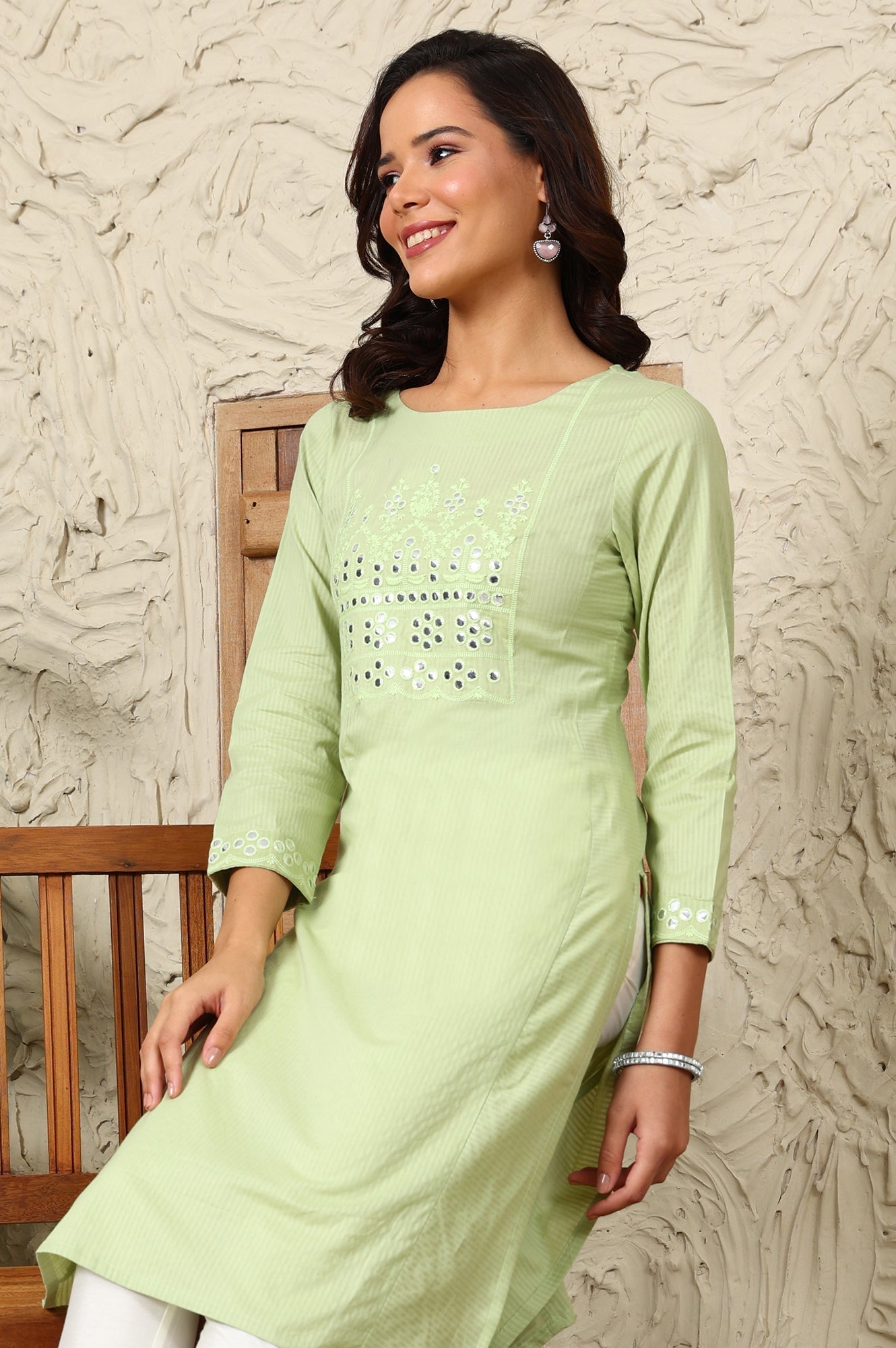 W for Woman Green Mirror Work Pure Cotton Straight Kurta