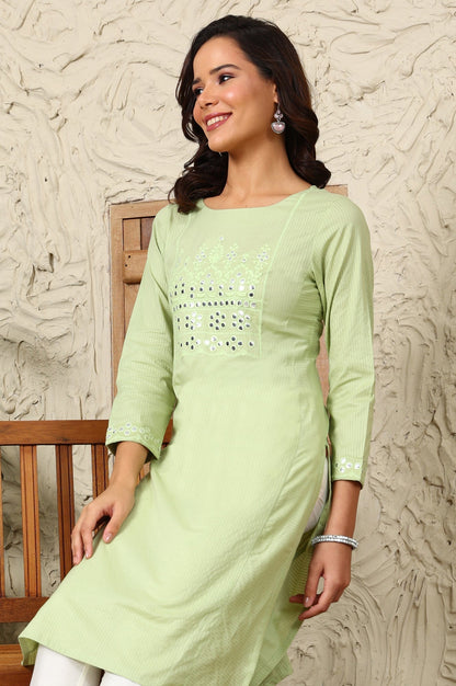 W for Woman Green Mirror Work Pure Cotton Straight Kurta