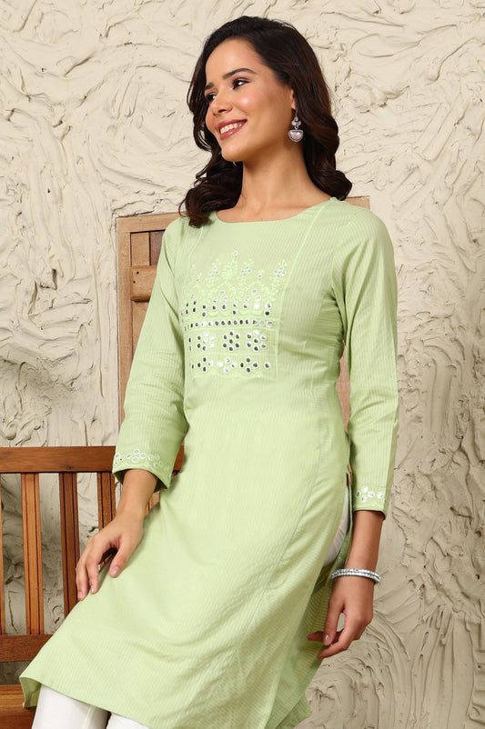 W for Woman Green Mirror Work Pure Cotton Straight Kurta