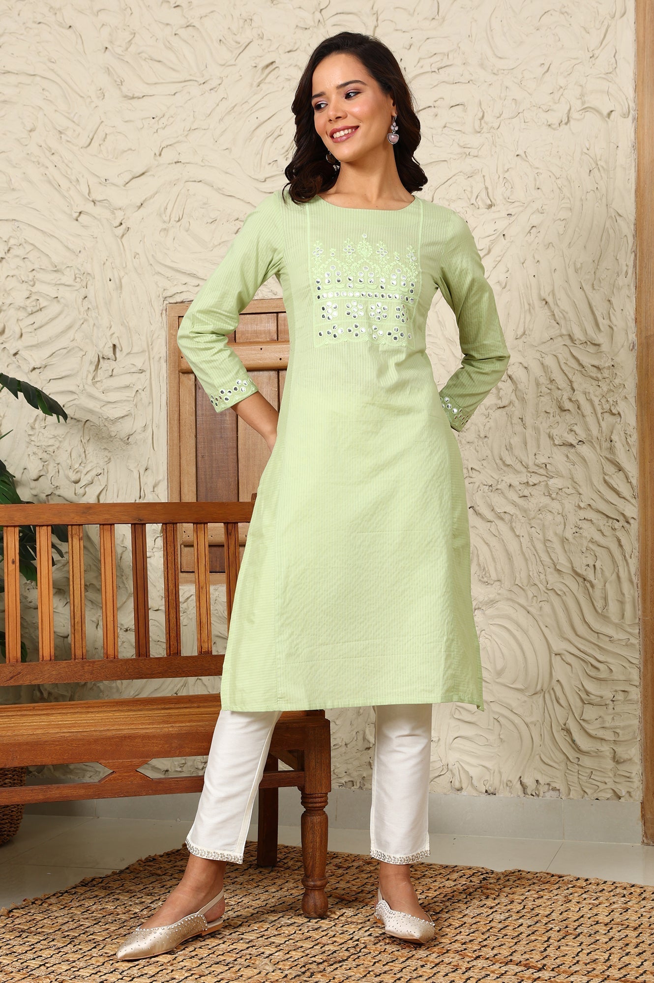 W for Woman Green Mirror Work Pure Cotton Straight Kurta