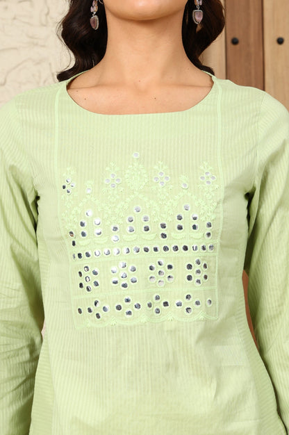 W for Woman Green Mirror Work Pure Cotton Straight Kurta
