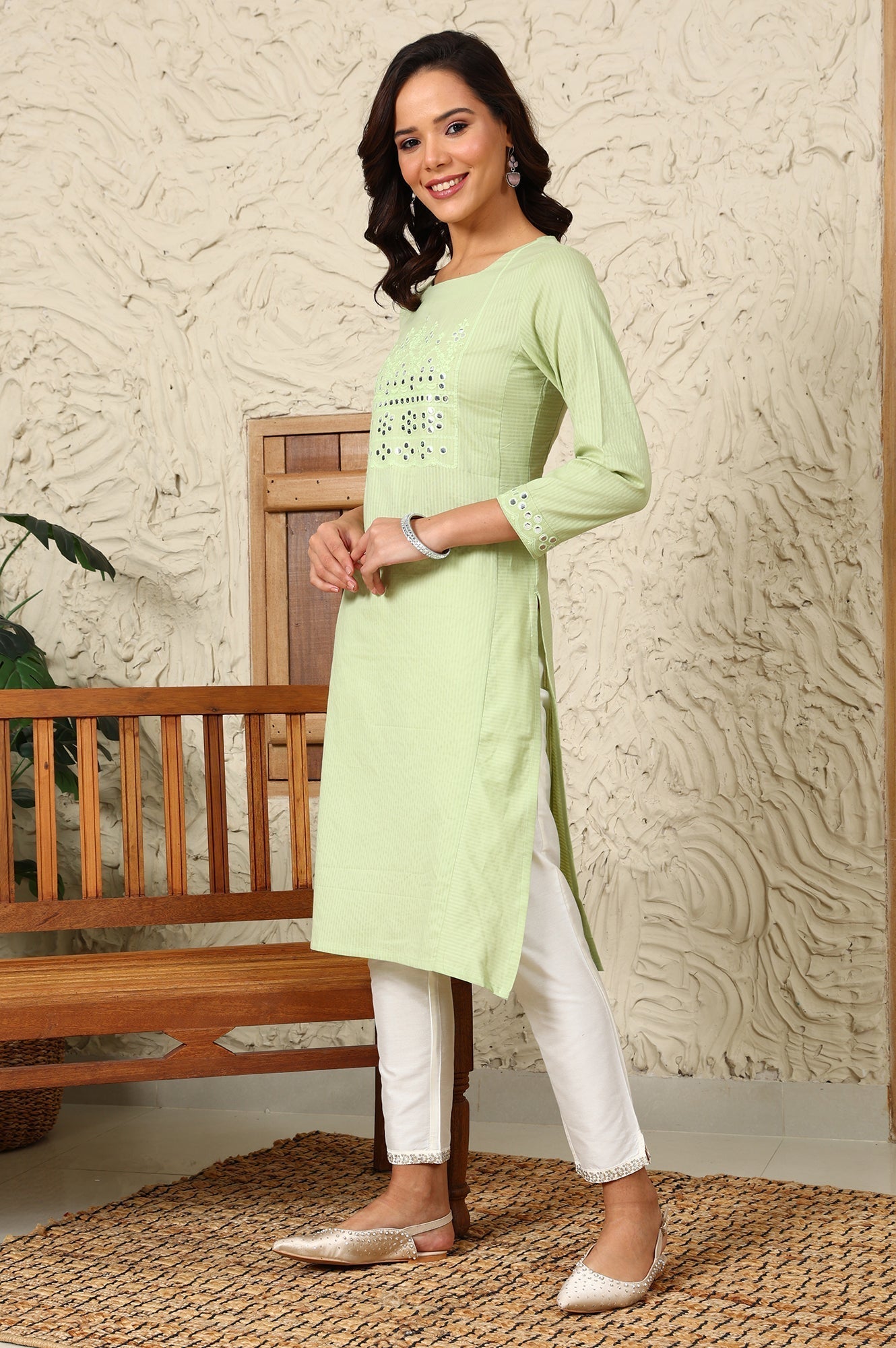 W for Woman Green Mirror Work Pure Cotton Straight Kurta