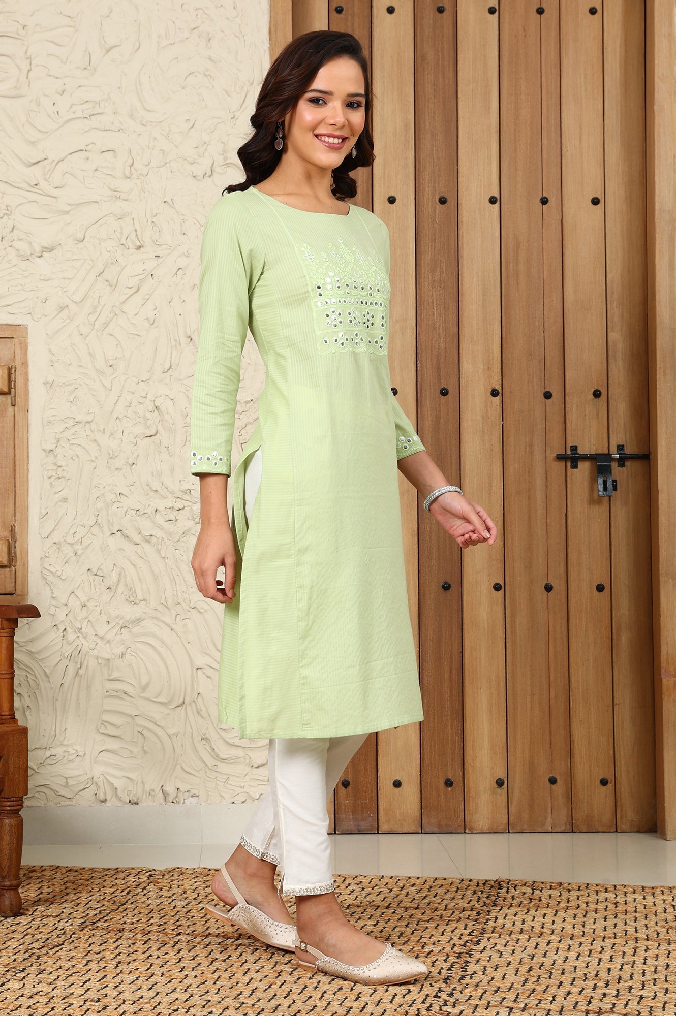 W for Woman Green Mirror Work Pure Cotton Straight Kurta