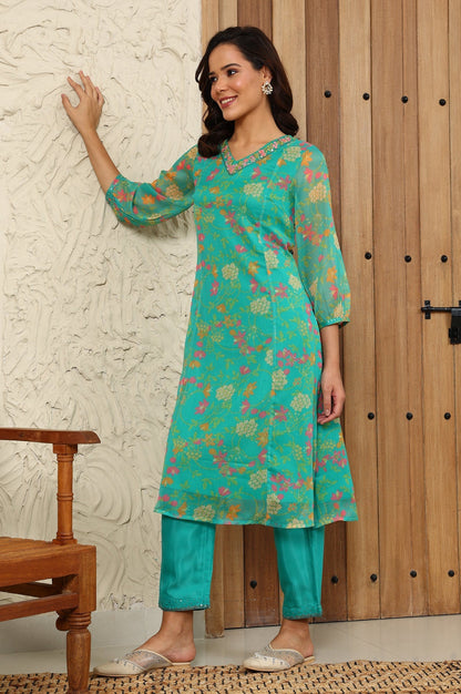 W for Woman Teal Blue Floral Printed Embroidered Neckline Chiffon A-Line Kurta