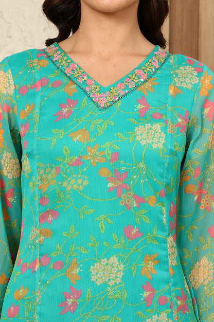 W for Woman Teal Blue Floral Printed Embroidered Neckline Chiffon A-Line Kurta