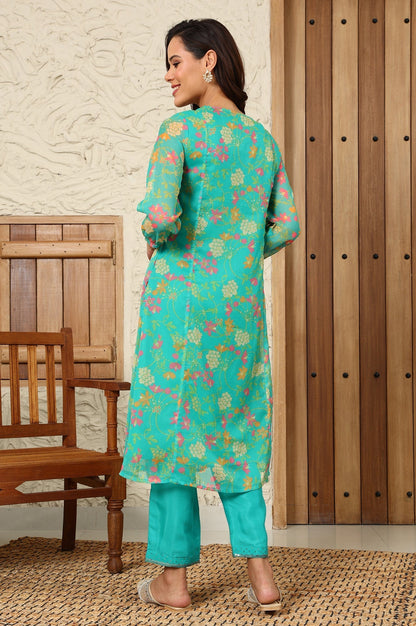 W for Woman Teal Blue Floral Printed Embroidered Neckline Chiffon A-Line Kurta