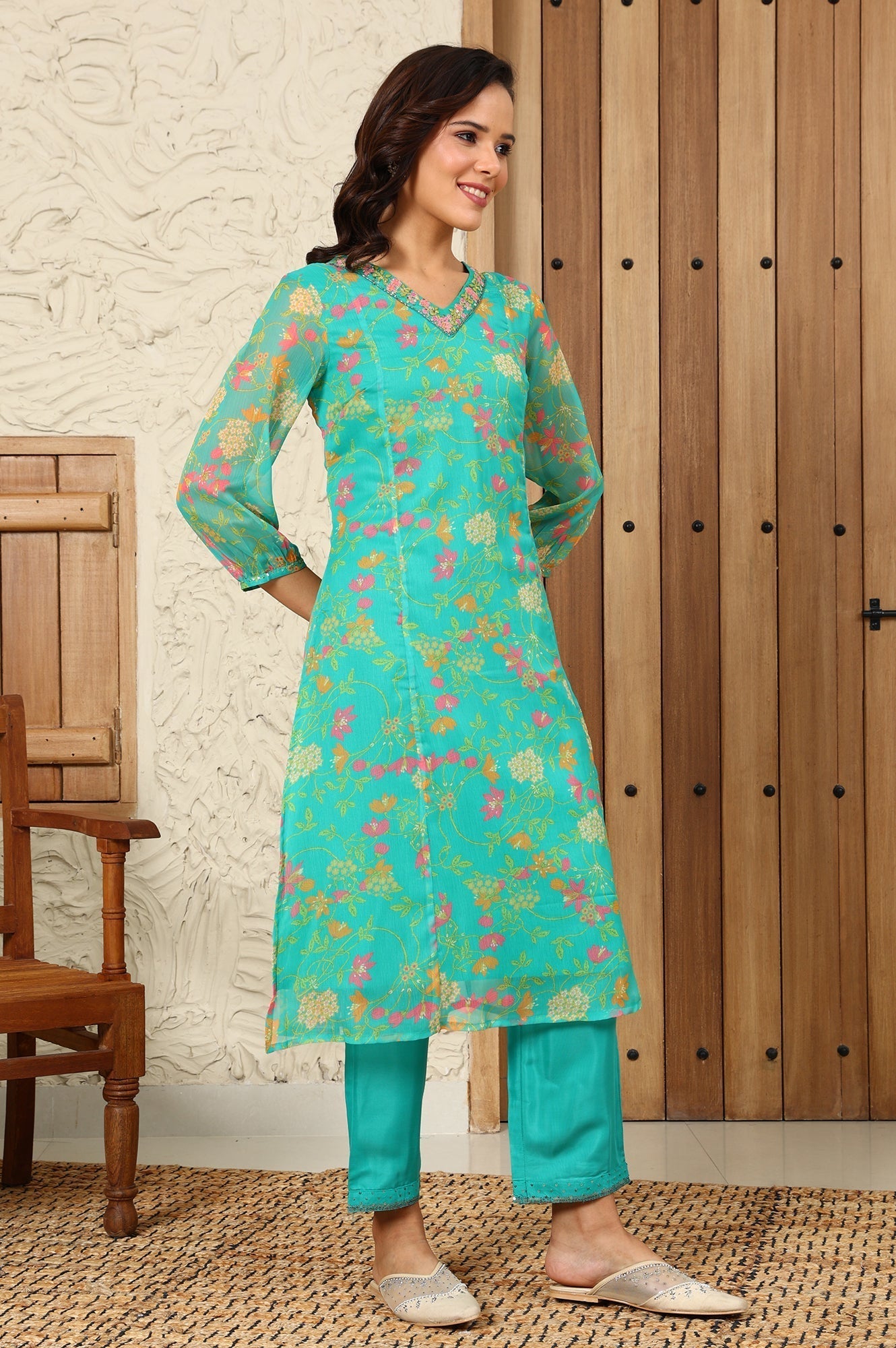 W for Woman Teal Blue Floral Printed Embroidered Neckline Chiffon A-Line Kurta