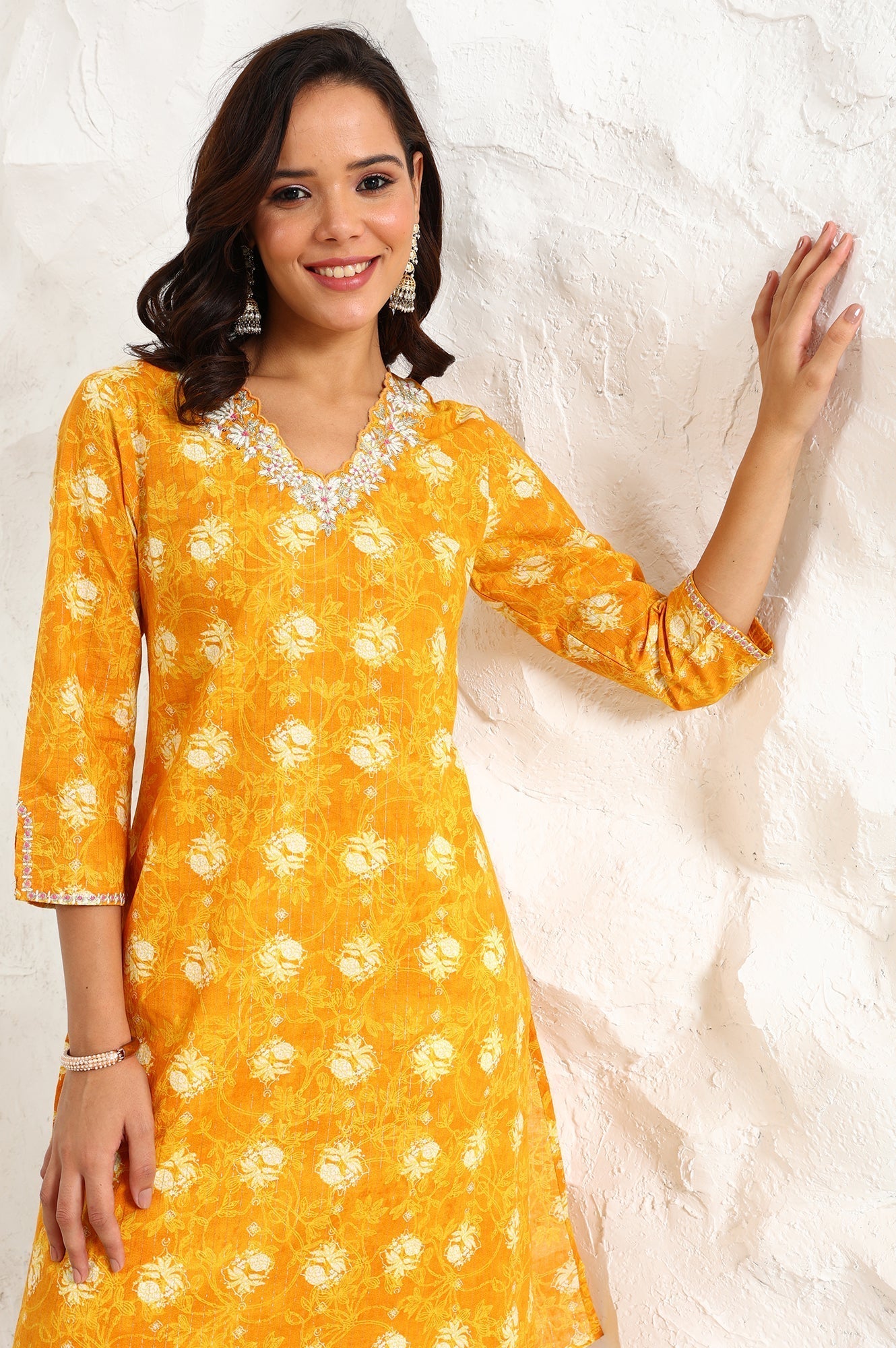 W for Woman Marigold Yellow Floral Printed Metallic Embroidered Neck Cotton Blend Straight Kurta