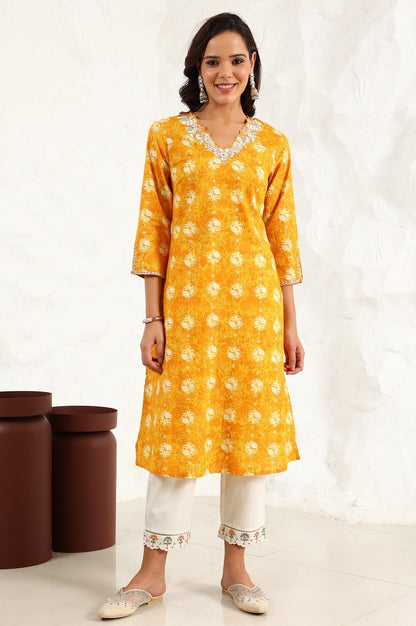 W for Woman Marigold Yellow Floral Printed Metallic Embroidered Neck Cotton Blend Straight Kurta