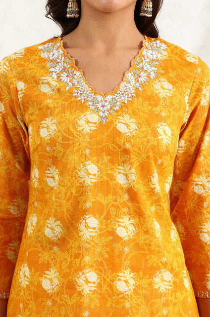 W for Woman Marigold Yellow Floral Printed Metallic Embroidered Neck Cotton Blend Straight Kurta