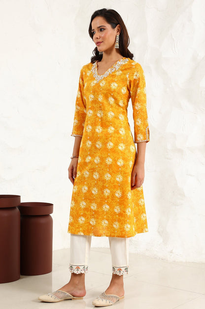 W for Woman Marigold Yellow Floral Printed Metallic Embroidered Neck Cotton Blend Straight Kurta