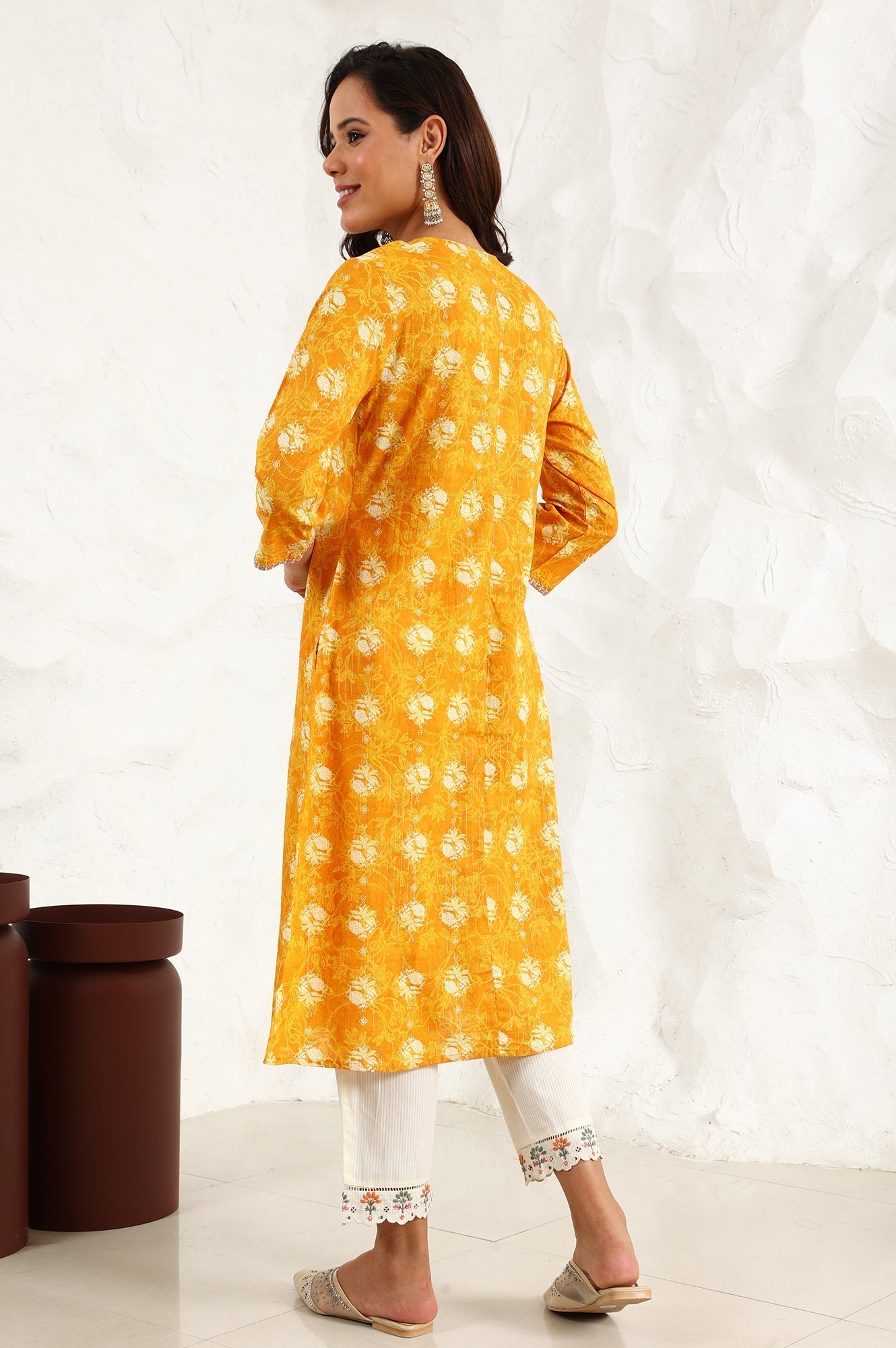 W for Woman Marigold Yellow Floral Printed Metallic Embroidered Neck Cotton Blend Straight Kurta