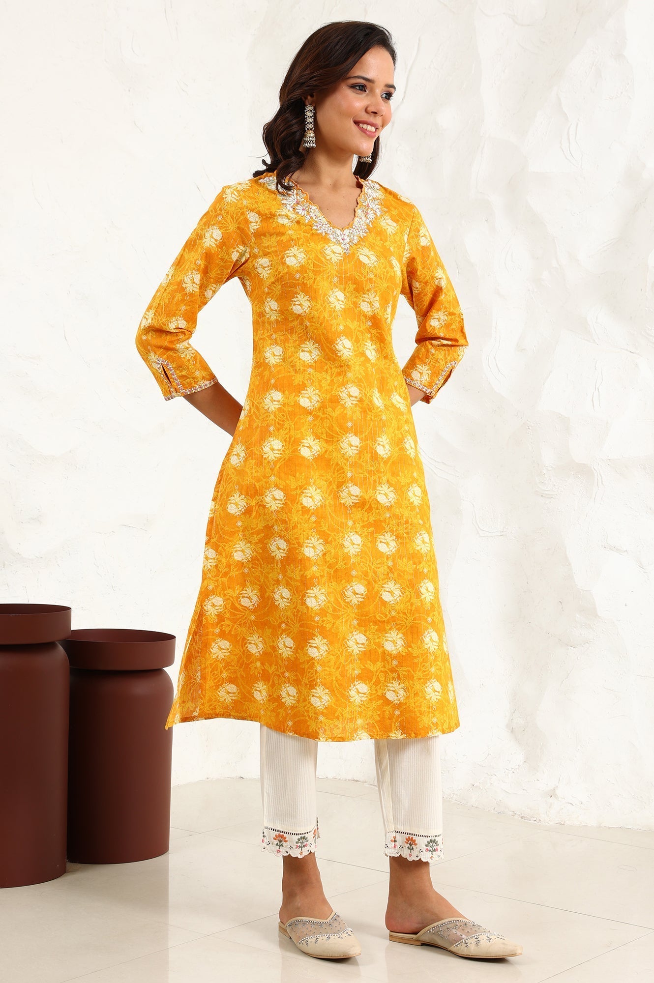 W for Woman Marigold Yellow Floral Printed Metallic Embroidered Neck Cotton Blend Straight Kurta