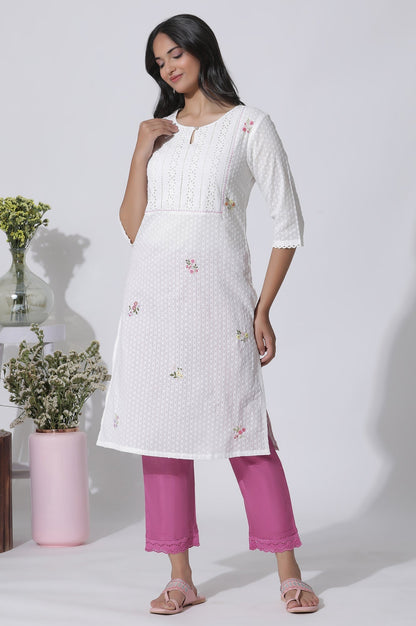 W for Woman White Swiss Dot Pure Cotton Embroidered Straight Kurta With Schiffli Yoke