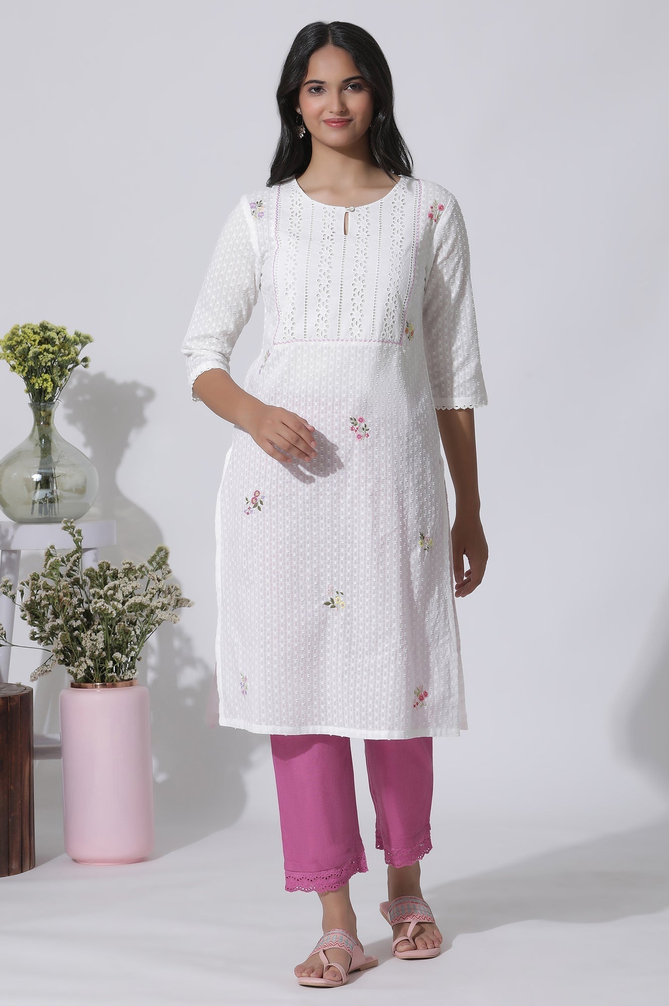W for Woman White Swiss Dot Pure Cotton Embroidered Straight Kurta With Schiffli Yoke
