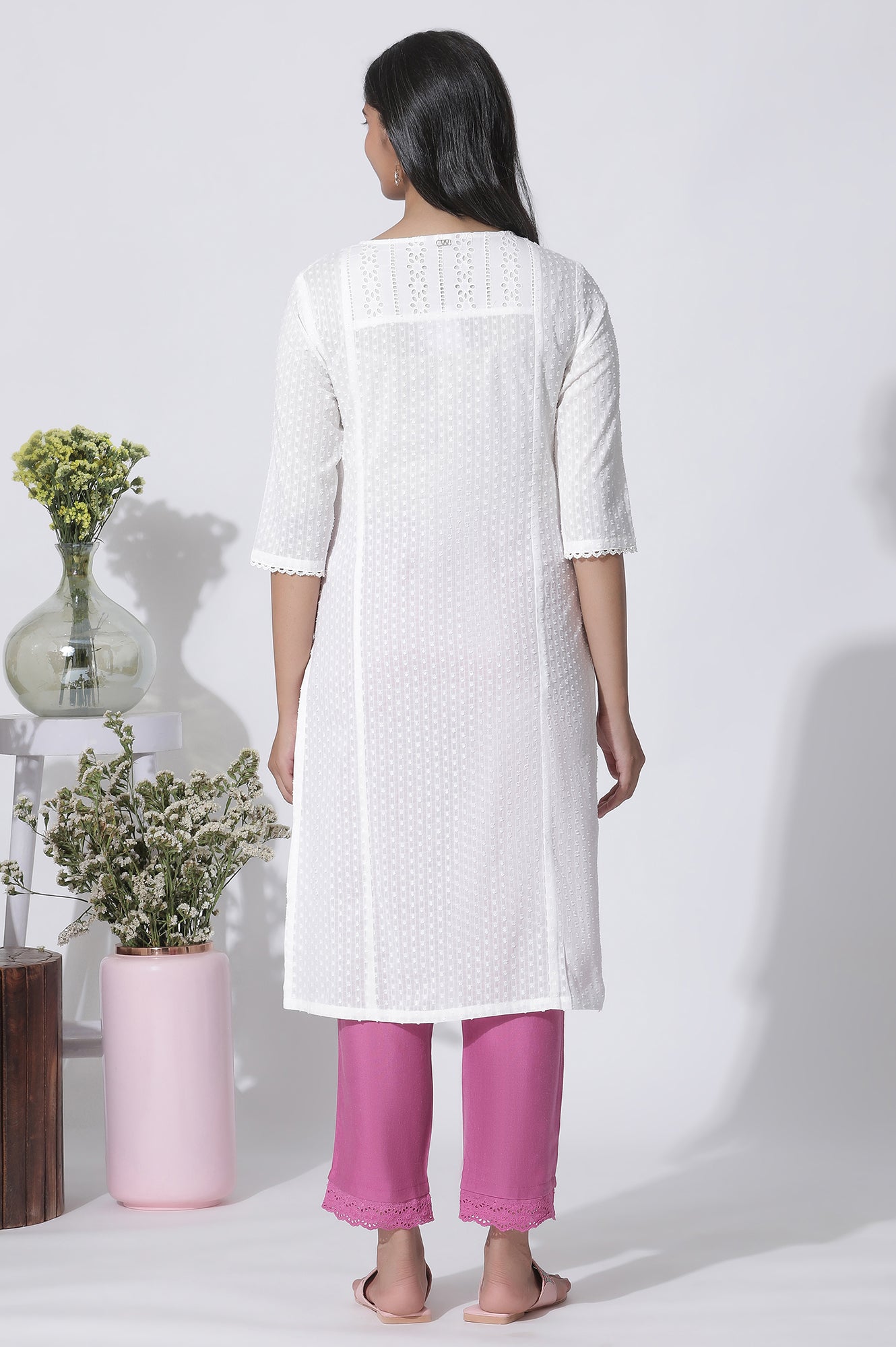 W for Woman White Swiss Dot Pure Cotton Embroidered Straight Kurta With Schiffli Yoke