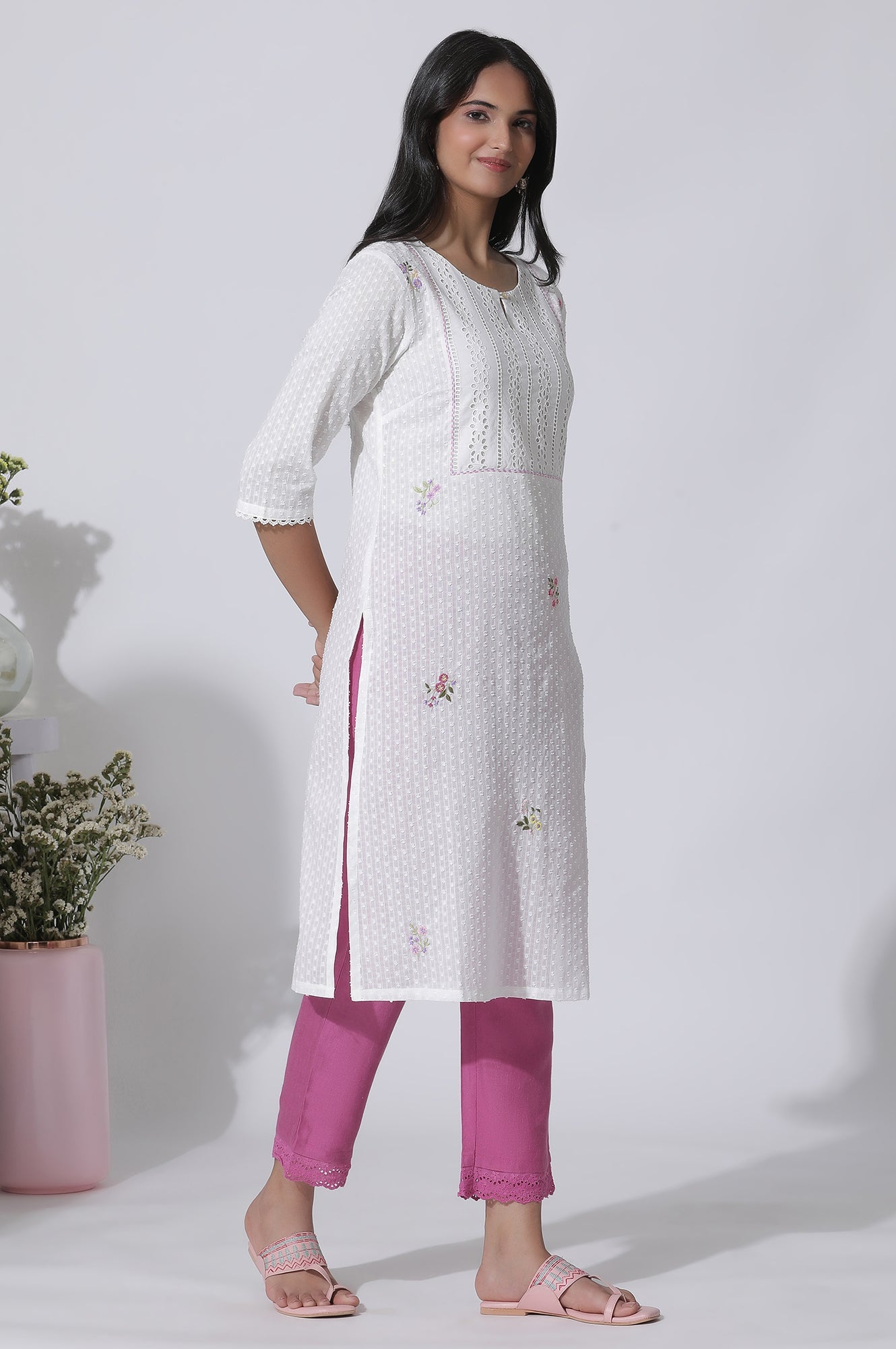 W for Woman White Swiss Dot Pure Cotton Embroidered Straight Kurta With Schiffli Yoke