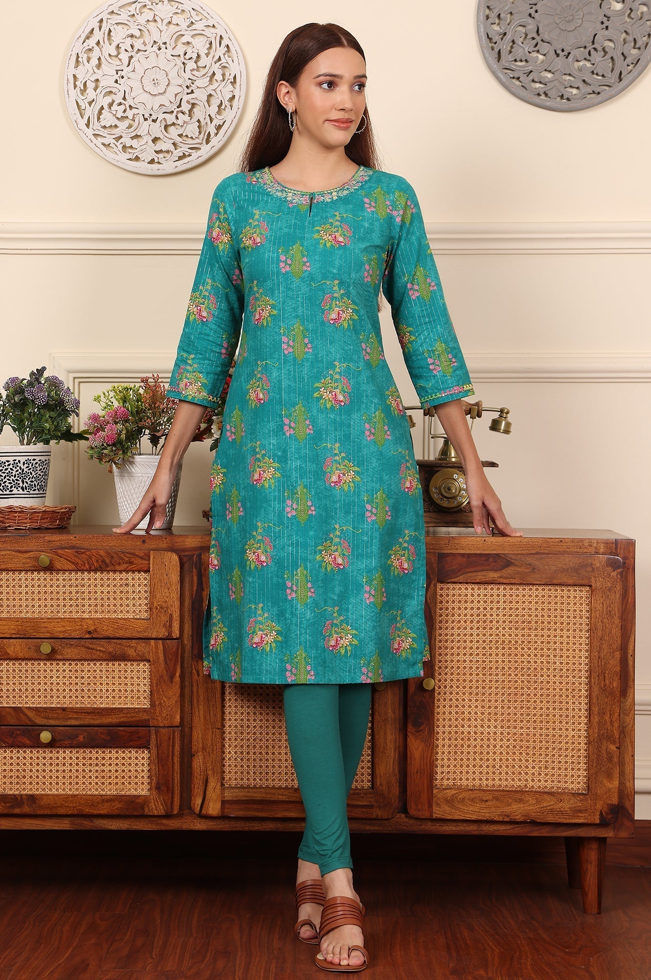 W for Woman Dark Teal Floral Printed Embroidered Cotton Lurex Kurta