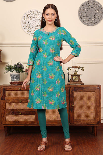 W for Woman Dark Teal Floral Printed Embroidered Cotton Lurex Kurta