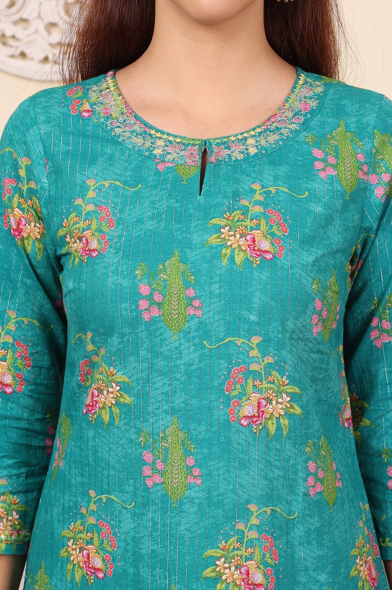 W for Woman Dark Teal Floral Printed Embroidered Cotton Lurex Kurta