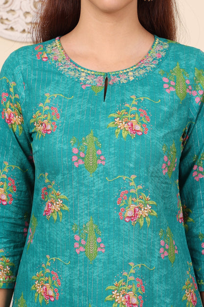 W for Woman Dark Teal Floral Printed Embroidered Cotton Lurex Kurta
