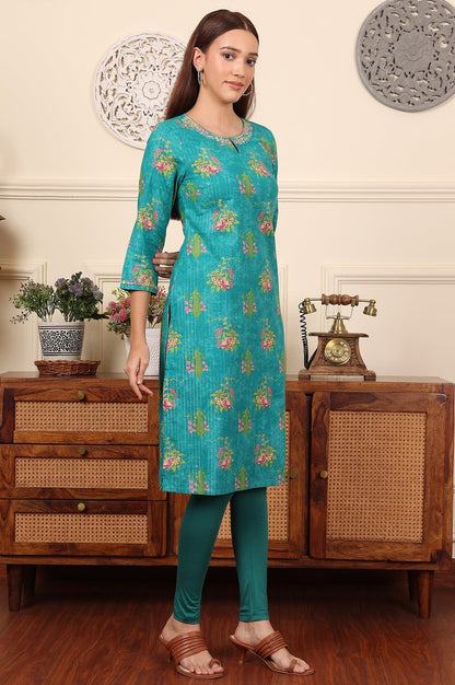 W for Woman Dark Teal Floral Printed Embroidered Cotton Lurex Kurta