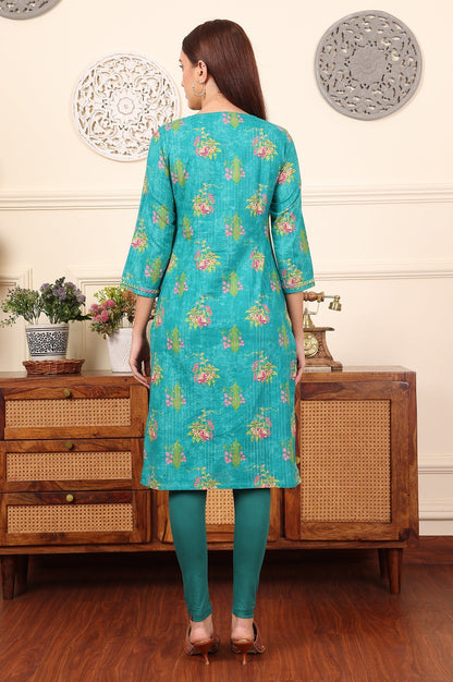 W for Woman Dark Teal Floral Printed Embroidered Cotton Lurex Kurta