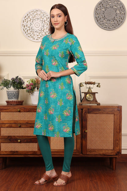 W for Woman Dark Teal Floral Printed Embroidered Cotton Lurex Kurta