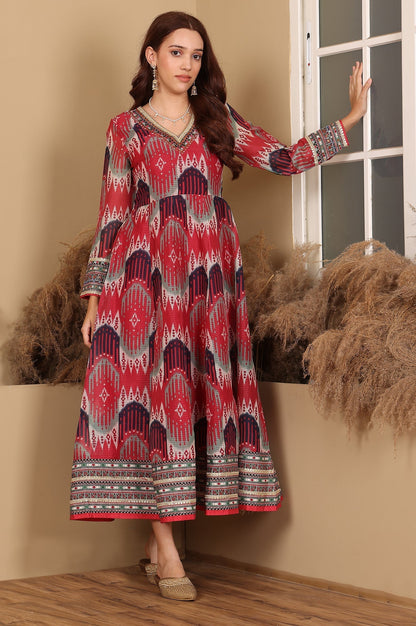 W for Woman Red And Multi-Coloured Ikkat Printed Flared Dress With Thread & Mirror Work