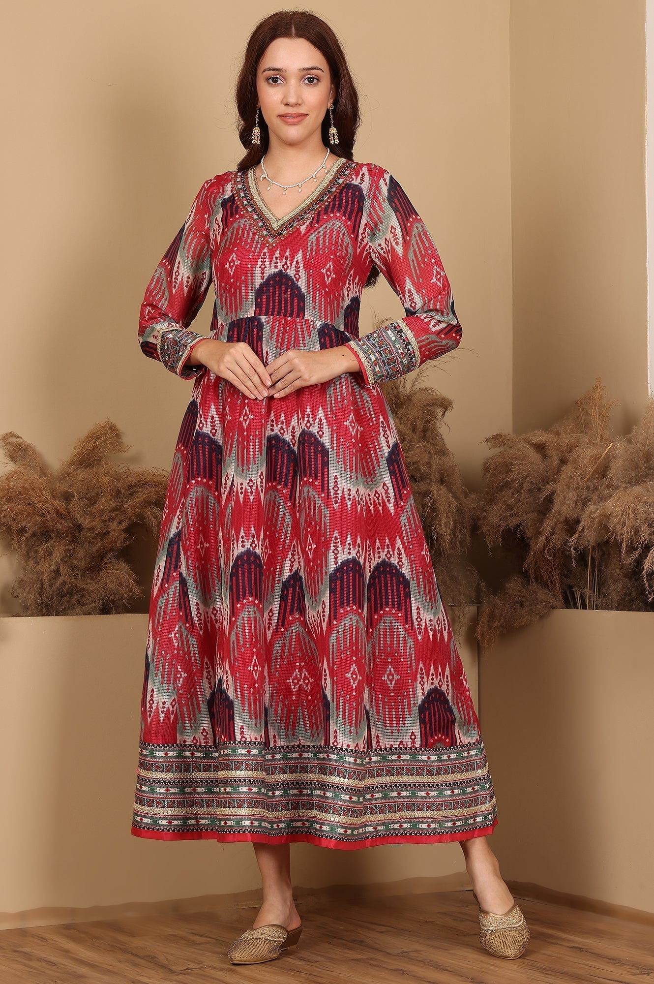 W for Woman Red And Multi-Coloured Ikkat Printed Flared Dress With Thread & Mirror Work