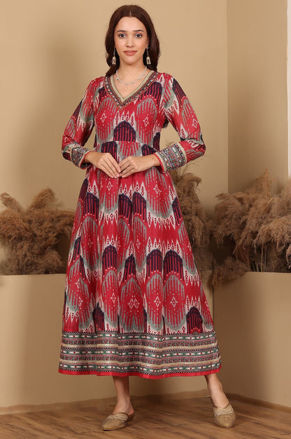 W for Woman Red And Multi-Coloured Ikkat Printed Flared Dress With Thread & Mirror Work